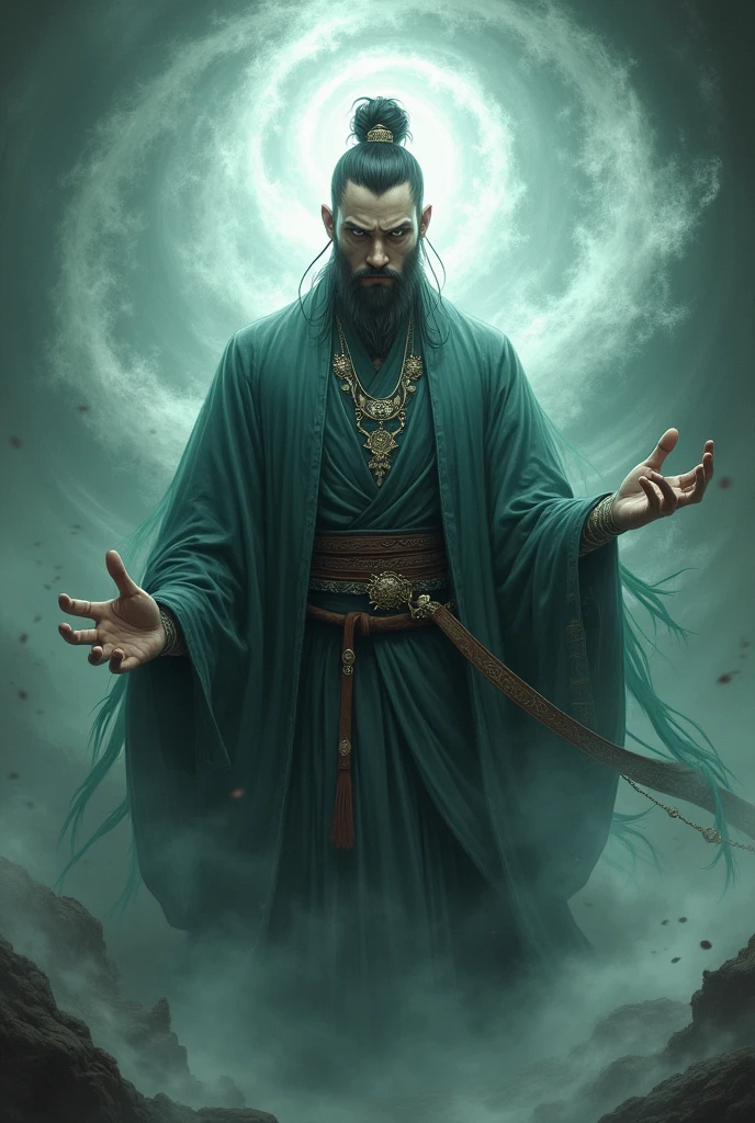 a man in an ancient chinese style with a power of a necromancer, digital art, book cover