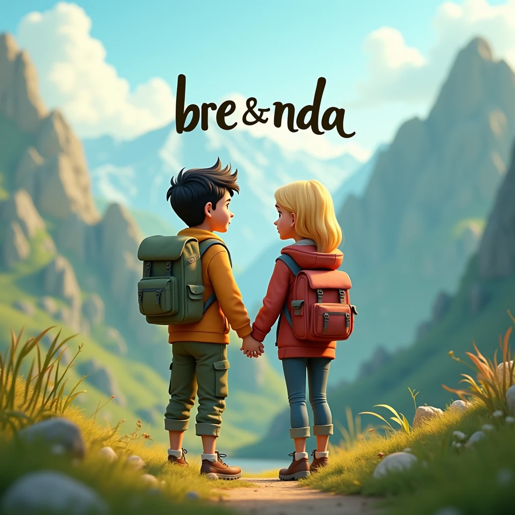 an artistic text written "BRE & NDA" above couple in outdoor, black hair male, blonde hair female, cargo pant, jacket and backpack, green mountainous theme, 3d cartoon, fantasy art, masterpiece, high definition, extreme detail, cinematic lighting, 4K