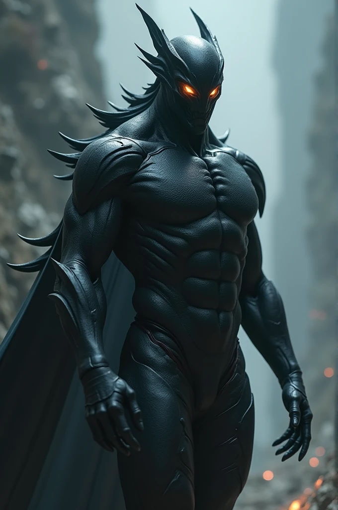 It’s a form in a sleek and muscular resembling a humanoid frame exceeding a predatory aura. The stands body is covered with dark matte- black armor that gleams with eternal metallic sheen. It eyes are piercing, glowing with an intense light that hints at immense power within around its body of faint, almost invisible distortion ripples through the air as if reality itself bends in its presence 