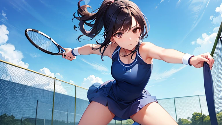 On the tennis court、Please draw an illustration of a woman holding a tennis racket and powerfully serving the ball.。The woman has a concentrated expression、It shows dynamic movement.。The background features a blue sky and court lines.。