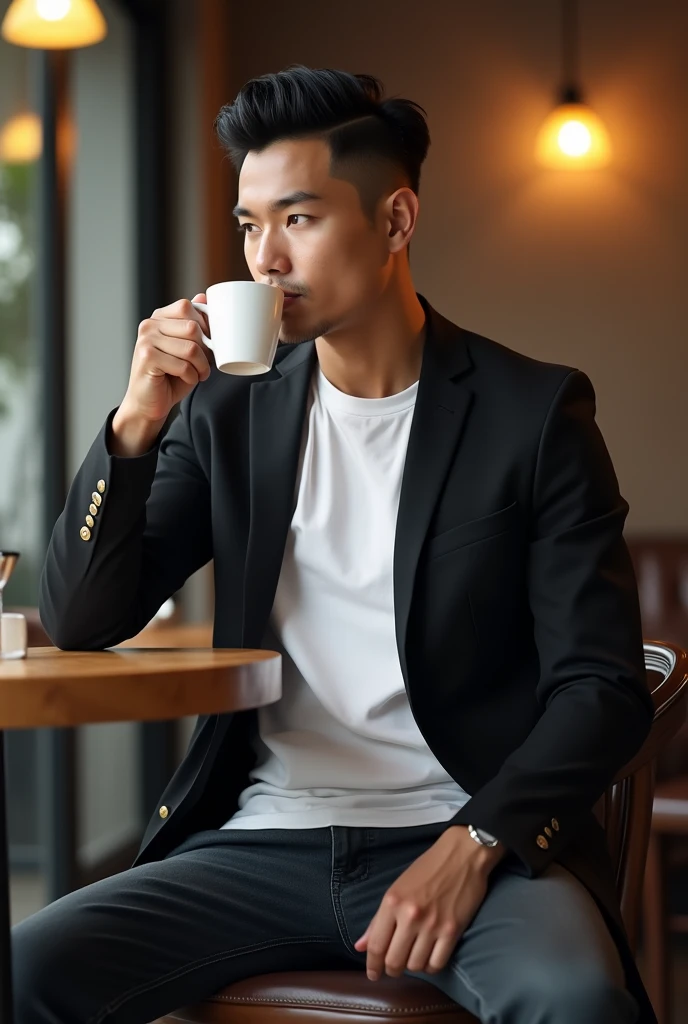 A handsome Indonesia man with a clean face, very short black hair with a slightly body athletic look on the sides, wearing a white t-shirt with a premium logo, with an open black jacket,Neat jeans, stylish sports shoes, sitting relaxed in a cafe, with a cup of coffee, realistic hd