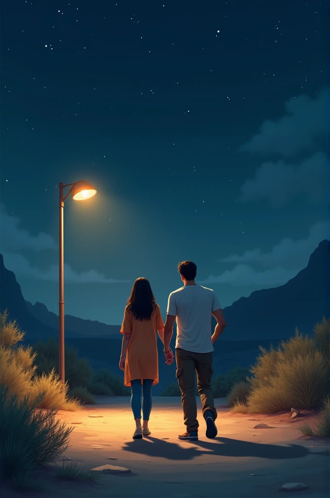Middle of the desert factory city beside desert bushes. Lone street with sodium street light. Couple walking holding each others hand. Night is starry. Weather is light cold and a bit foggy. Beautiful Girl age 32, weight 55kg, hight 5'2", straight hair, full sleeve kurta and jeans. handsome man age 34, weight 85, straith silky hair, wearing t-shirt and cargo pant.