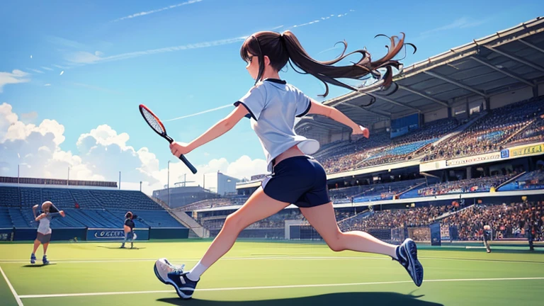 Holding a tennis racket in one hand、Please draw an illustration of a woman chasing the ball during a game.。The woman runs towards the ball with all her might、Sportswear fluttering in the wind。The audience seats can be seen in the background.、You can feel the tension of the match。