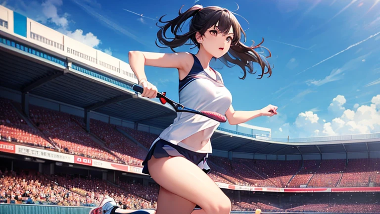 Holding a tennis racket in one hand、Please draw an illustration of a woman chasing the ball during a game.。The woman runs towards the ball with all her might、Sportswear fluttering in the wind。The audience seats can be seen in the background.、You can feel the tension of the match。