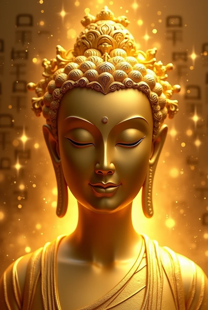 A golden, serene statue of a deity with intricate hair ornaments and closed eyes, symbolizing calmness and spiritual enlightenment. The background is filled with glowing golden sparkles, and large Japanese characters are subtly integrated into the design, adding a mystical and elegant touch.