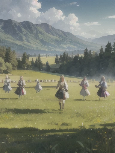In a green meadow stands a girl leading a group of knights.
BREAK
With a brave expression, she guides them towards their destination.
BREAK
Behind her, a green forest stretches out and beyond that, mountains rise in the distance.
BREAK
The most suitable effect for this scene would be a watercolor painting technique to capture the softness of the meadow and the fluidity of the movement.