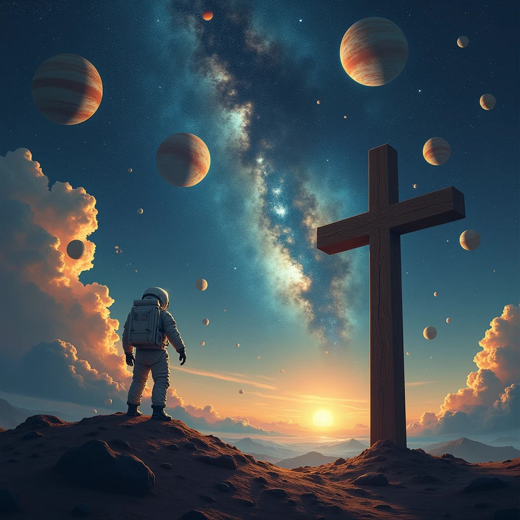 The Cross , in outer space , planets , Stars and an Austronaut , In the sky write the word “The Via Dolorosa”