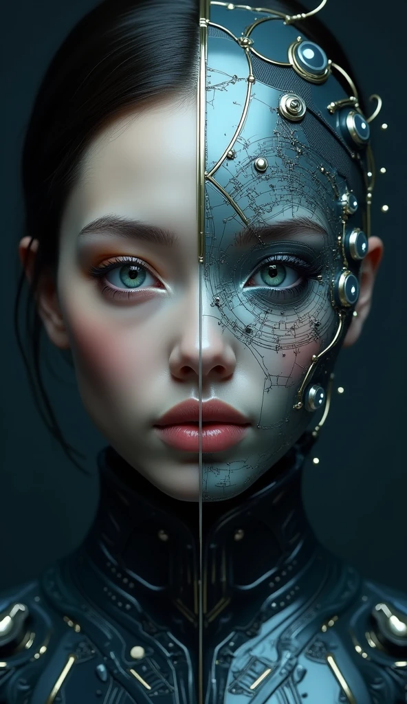 Stylized portrait,Front view,Half of his face was rendered smooth, (Not面具金属)(Not), and futuristic style, The other half is still organic and human., Symbolizes the duality of technology and humanity.,masterpiece, best quality, (Extremely detailed CG unity 8k wallpaper), (best quality), (Best Illustration), (Best shadow), absurd, Realistic lighting, (abyss), Beautiful and delicate light, Artworks by Peter Mohr Bacher,,masterpiece, Best quality