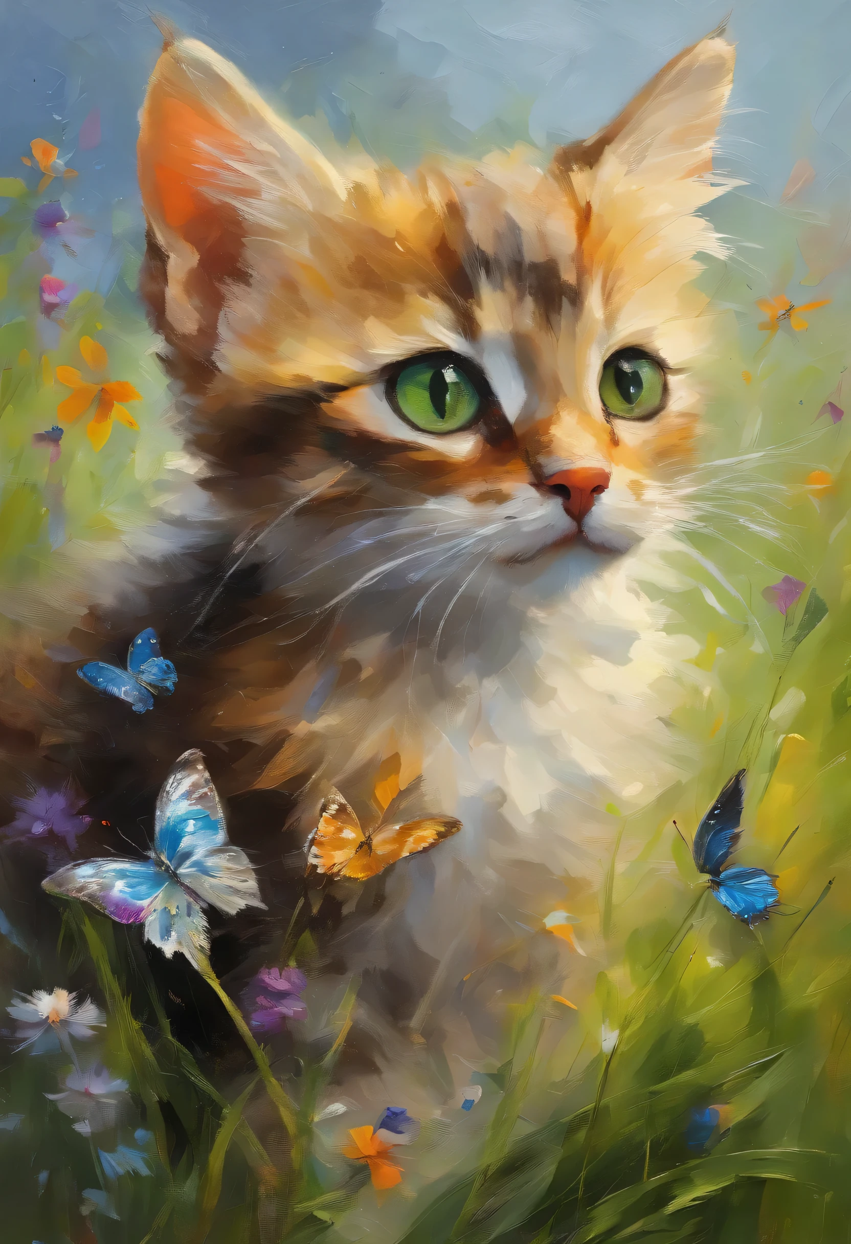 (Highest quality,Very detailed,Realistic),Kitten watching a butterfly,Beautiful attention to detail,Curious look,With soft fur,Small feet,Fluffy tail,Cute Beard,GreenThe sky is dazzling on the grassland、,green々Fresh green grass,Bright flowers,Delicate butterfly wings,Floating gracefully,Colorful petals,Breeze,Playful movement,Vibrant colors,Artistic Expression,Faintly illuminated