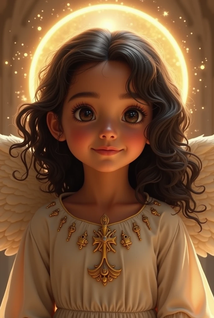 masterpiece, best quality, bright playful eyes, detailed pupils, god rays, sunbeam, inside a church, smiling, big smile, 1girl, solo focus, (Angel:1.2), halo, aura, magic, Yellow Eyes, (Dark Skinned Female:1.2), Long Religious Robes, Latin Cross --auto --s2