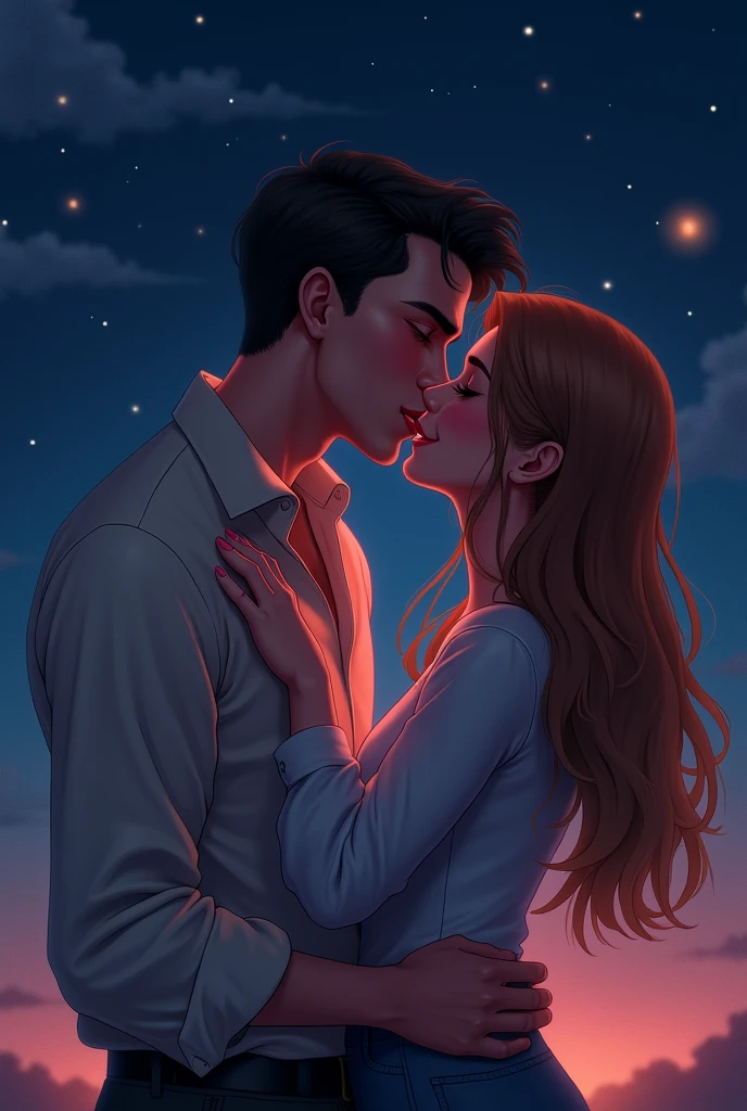 There was something in his eyes that made her forget any hesitation.. He raised one hand, gently touching her face, and approached.The kiss happened naturally, soft at first, but it soon became deeper, full of undeniable chemistry. It was as if all the flirting and attraction of the previous weeks had led to this moment.. When they separated, they both smiled, still close, as the night wind blew lightly.