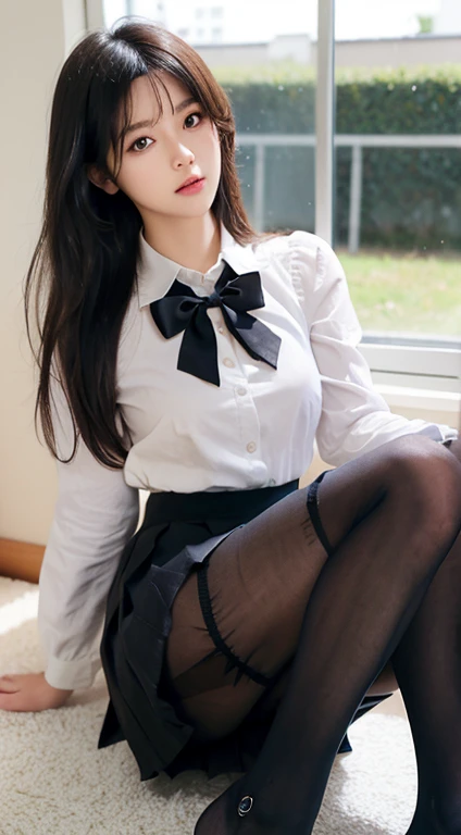 the best, masterpiece, HD, (whole body), Frontal lobe, symmetry, Mature high school girl, solitary, (whole body from head to toe), Small Breasts, Long hair, slightly Messy hair, (Black pantyhose), ( (Black pantyhose), Black pantyhose, composition White, slender beautiful leg, A very beautiful girl (No shoes allowed) leg), blush, Shy big eyes, Messy hair, Looking at the camera, White, White Frilly Bra, High School Jacket, High school white shirt, Blue Ribbon High School, High Waist Short Plaid Navy Pleated Skirt