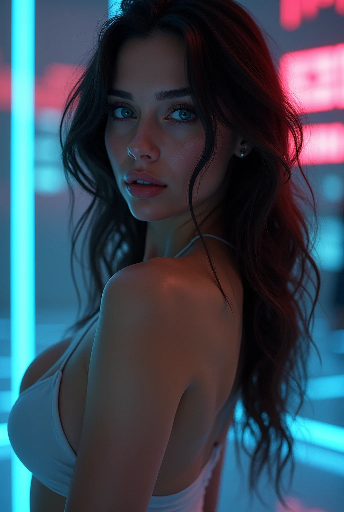 Photo Selfie erotique, hyperealistic , cyberezlistic, Selfie, brune, blue eye, wavy hair