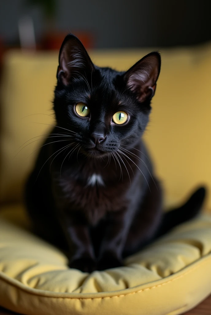 ((Real photos of animals taken by professional photographers.))Mify is a black cat with tabby stripes.The orbs of his eyes are a beautiful emerald green.The pupils are beautiful amber.The part from his ears to his eyes.The hair there is very sparse.This is his characteristic. Mify sits on the light yellow cushion in a very relaxed but still curious posture.His tail curls naturally to his forelegs.Eyes staring at a certain place curiously.