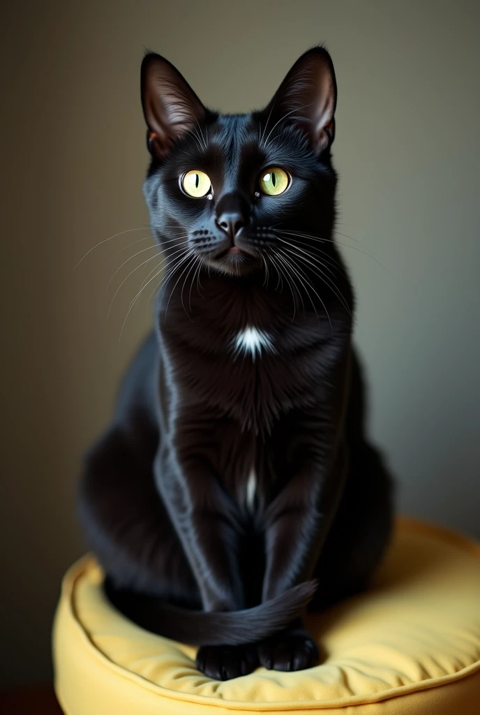((Real photos of animals taken by professional photographers.))Mify is a black cat with tabby stripes.The orbs of his eyes are a beautiful emerald green.The pupils are beautiful amber.The part from his ears to his eyes.The hair there is very sparse.This is his characteristic. Mify sits on the light yellow cushion in a very relaxed but still curious posture.His tail curls naturally to his forelegs.Eyes staring at a certain place curiously.