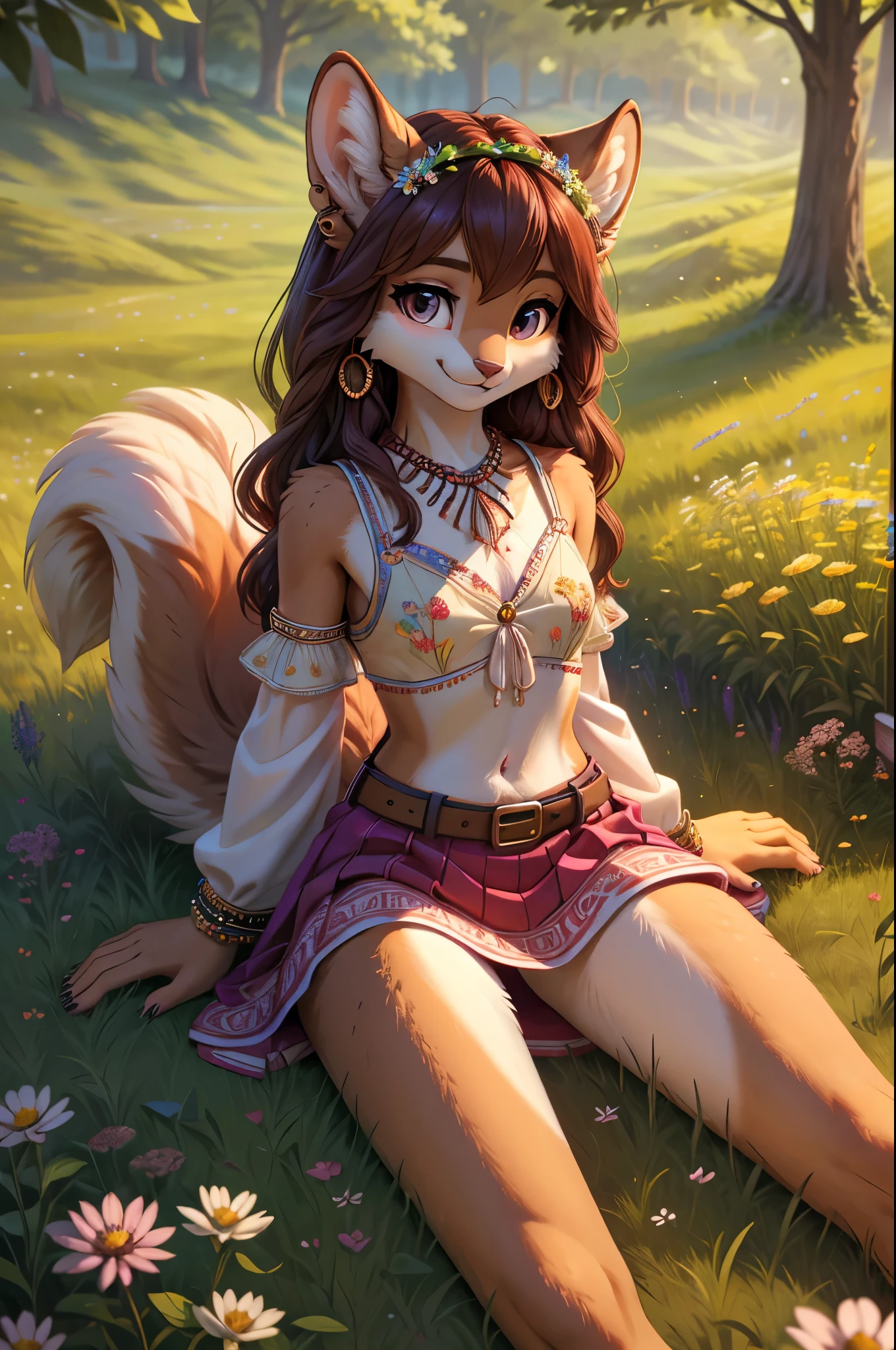 **Prompt:** A beautiful, (masterpiece), high quality, perfect lighting, highly detailed CG Unity 8k wallpaper, high resolution, perfect lighting, youthful, adolescent, tall, slim, skinny, frail slender figure, slim legs, distinctly feminine figure, narrow hips, long legs, close-up shot of a unique female squirrel character. She has fluffy, reddish-brown fur with darker streaks running along her back and tail, giving her a vibrant and dynamic look. Her hair is long, wavy, and a rich auburn color, cascading down her back and blending seamlessly with her fur. Her eyes are a striking amber, large and full of playful mischief.

She is dressed in an eclectic, boho-chic outfit: a fitted, embroidered vest over a flowing, patterned blouse with billowing sleeves. She pairs this with a layered, patchwork skirt in various earth tones and textures. Her accessories include a wide leather belt with a decorative buckle, numerous beaded bracelets, and feathered earrings. She also sports a flower crown made of wildflowers and leaves, adding a whimsical touch to her look.

The character is posed lying on her stomach on a soft, grassy meadow, her legs bent at the knees and feet playfully kicking in the air. Her face is the focus, resting on her folded arms, with a bright, cheerful smile and sparkling eyes looking directly at the viewer. The background is a soft blur of wildflowers and tall grass, with dappled sunlight filtering through, creating a warm, inviting scene that highlights her vibrant personality and the intricate details of her outfit.
