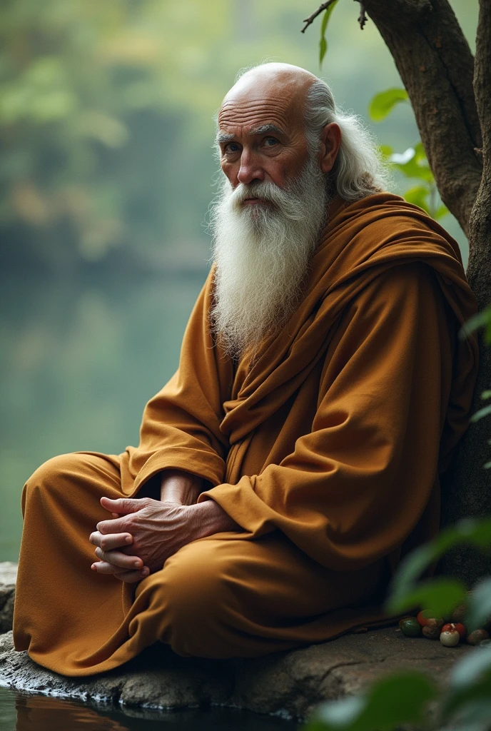 "A wise old monk with a serene expression, wearing traditional robes and sitting in a peaceful, natural setting. The monk has a gentle and inspiring presence, with a calm and reflective demeanor." (Looking at front of the screen or to me)