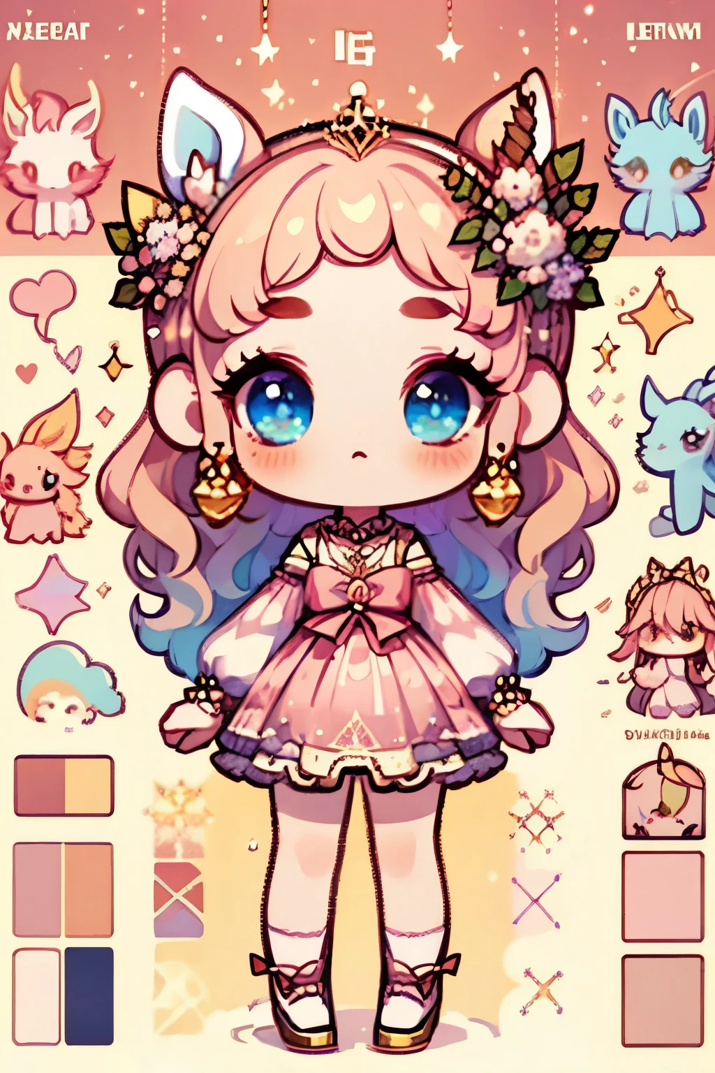 Chibi-style image of a cute fairy girl holding a small unicorn in a magical winter wonderland. The fairy has large, sparkling eyes, rosy cheeks, and long wavy brown hair. She wears a pastel-colored flower crown with pearls and delicate decorations. Her outfit is a light pink, off-the-shoulder dress with a glittery tulle skirt, and she has translucent wings that shimmer with soft pastel hues. The unicorn has a round, cuddly appearance with a pink horn, big eyes, and a pastel rainbow mane in shades of pink, blue, and purple. The scene is set in a snowy forest with trees dusted in snow, softly glowing lights, and a whimsical, festive atmosphere. The color palette is a mix of warm and cool tones, enhancing the cozy, magical vibe.