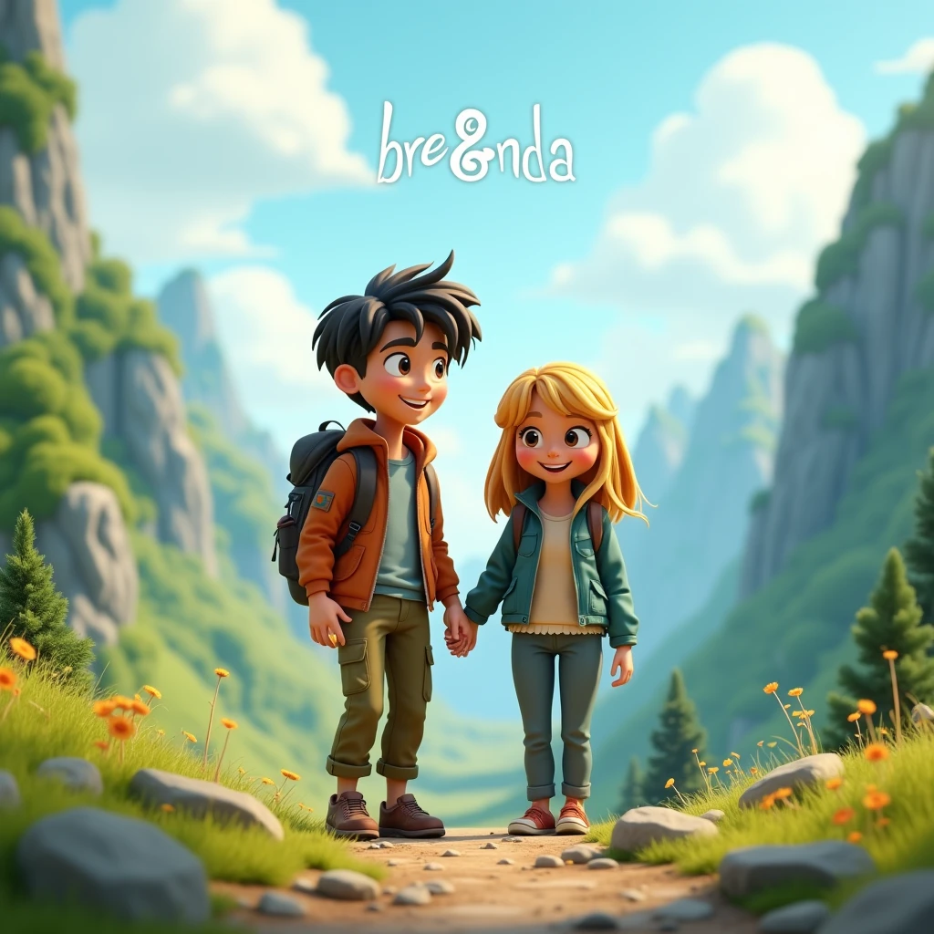 an artistic text written "BRE & NDA" above couple in outdoor, black hair male, blonde hair female, cargo pant, jacket and backpack, green mountainous theme, 3d cartoon, fantasy art, masterpiece, high definition, extreme detail, cinematic lighting, 4K