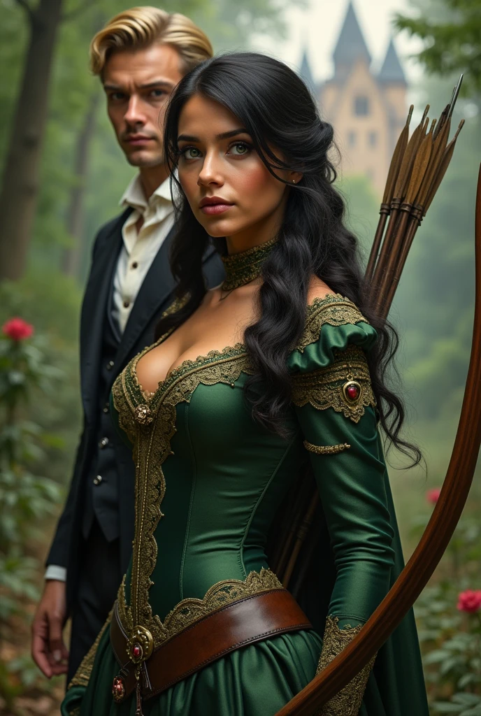 Beautiful 20 year old woman of Apache and English descent, ( very realistic ) Victorian era black hair, cinnamon skin and green eyes perfect face [( very fine and very innocent) ]and a body of perfect curves and big breasts. Dressed in a Robin Hood costume ( like green skin in keeping with the Victorian era ) with his bow and arrow.  Behind her back is a super handsome 30-year-old man dressed in a Victorian-era black suit, extremely handsome and manly. ( very realistic con un rostro perfecto y sonrisa cálida y cariñosa ) blond with blue eyes as clear as the sky ( Make your eyes perfect with big, detailed eyelashes) in the background a forest with a castle 