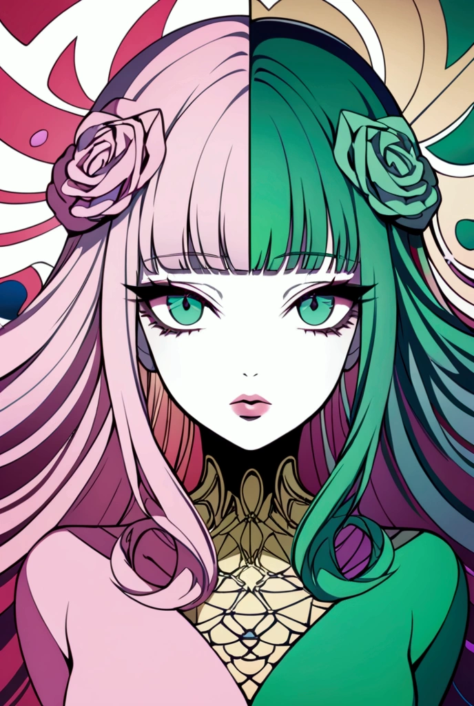 masterpiece, best quality, dynamic, cinematic, mystical, beautuful japanese girl, beautiful detailed eyes, beautiful detailed lips, extremely detailed eyes and face, long eyelashes, teacherly pose, advanced modern expressionism, rich textures, amalgamation of modern and classical influences, diverse materials, high contrast, pink rose, vivid colors, gold liquid splatter, emerald green background, breathtaking color palette, flowing elegance, sharp geometric symbolism, Leyendecker, Jackson Pollock splatter dynamics, Gustav Klimt ornamental gold, chiaroscuro, kaleidoscopic, multidimensional, ethereal glow, captivating uniqueness, surreal juxtapositions, visual symphony, unforgettable visual narrative, edgy, mathematical, simple-shaped vectors, highly modern, stylistic, polygonal abstraction, vector art, bold lines, minimalist color scheme, digital art, abstract geometry