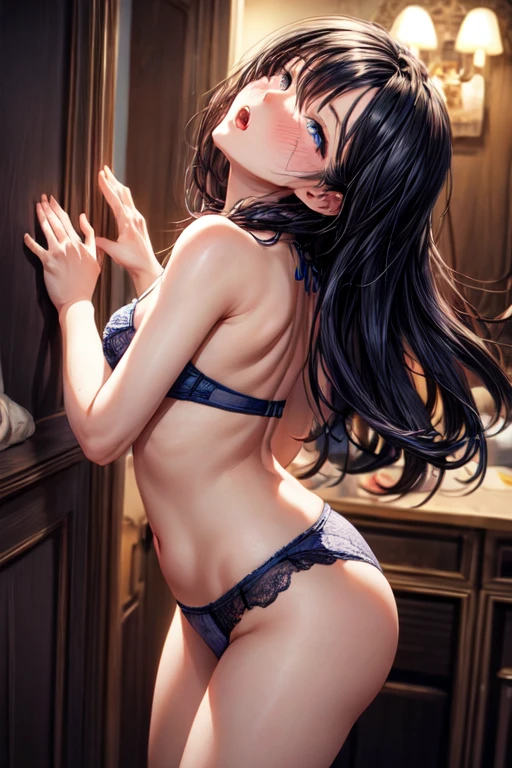 Highest quality、Highest Resolution、masterpiece、PRAYER、Lobelia、Straight Hair、long hair、Indigo hair、Indigo eyes、Small breasts、Put your hands behind your back、Sexy Lingerie、Depth of written boundary、Good composition、Good lighting、blush、Ahegao、Looking up、Sensual