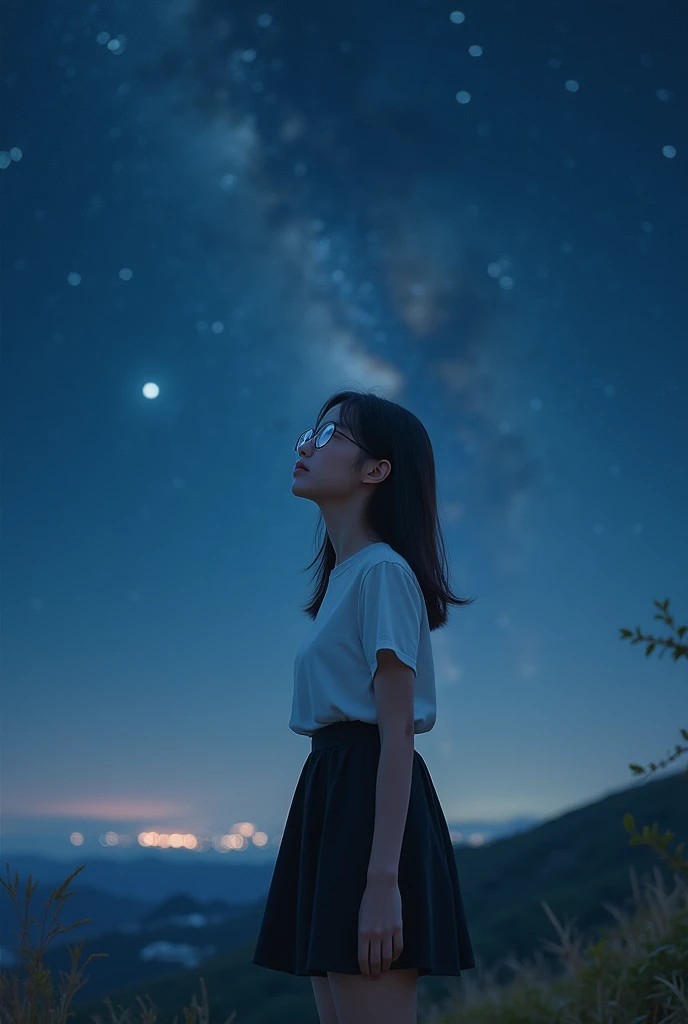 A skinny 2 girl, wearing white top, black skirt and white shoes, of wheat tea, of mixed features (latin american), height 1.50 with dark brown straight hair, not so long, not so short, with round lenses. Generate a head-to-toe image and a realistic style as if it were a real-life professional photo looking at the stars and the Milky Way.