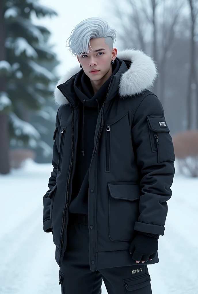 alone, male, standing, black winter jacket, black cargo pants, White fur around hood, white hair, black earrings, blue eyes, 18, fit, best quality