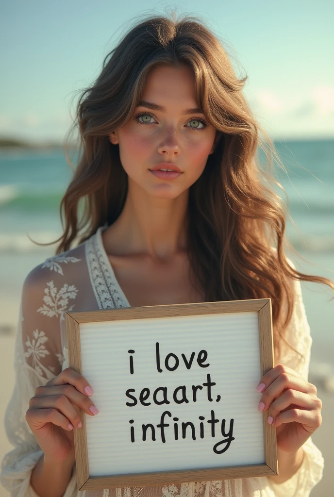 Beautiful girl with wavy long hair, bohemian dress, holding a white board with text "I Love Seaart Infinity" and showing it to the viewer
