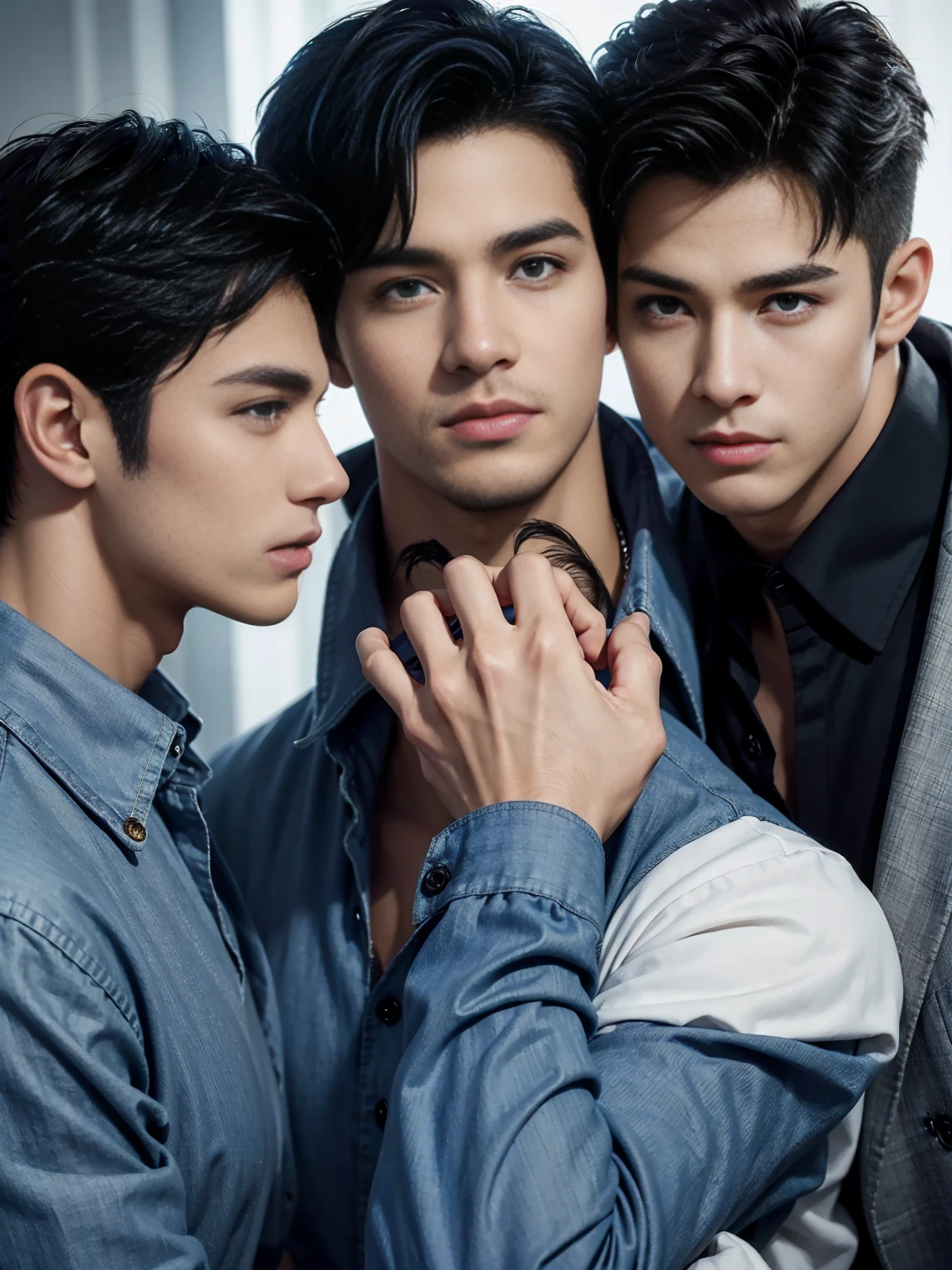 ((masterpiece)),((best quality)),8K,high detail,Very detailed, Very manly,3 men, like,fashion pose, Realistic skin texture, Light,
Royal blue style couple,Perfect hand details