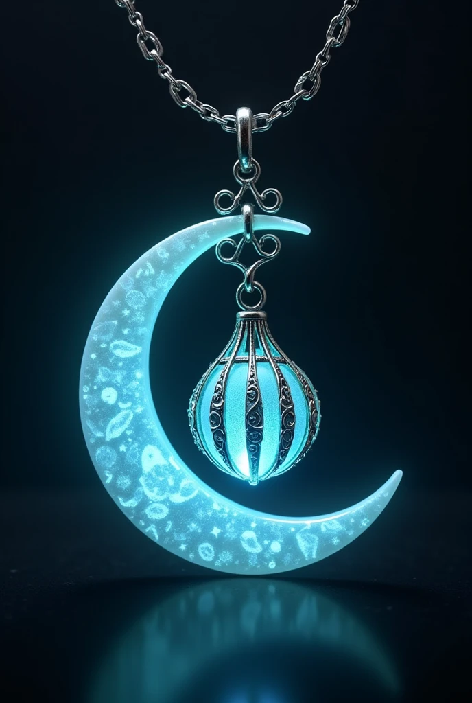 This is an enchanting crescent moon necklace, featuring a glowing, luminescent design. The crescent moon pendant is large and dominates the design, curving gracefully with a delicate filigree pattern that adds intricate detail to its surface. The crescent has a soft, radiant blue glow that emanates from within, creating a magical and otherworldly effect. Hanging from the inside of the crescent moon is a small, spherical crystal or orb, encased in an ornate, silver metal cage. The orb also emits a faint blue glow, harmonizing with the light of the crescent moon. The metal cage surrounding the orb is intricately designed, with delicate swirls and loops that add a touch of elegance and complexity. The pendant is attached to a fine, silver chain that complements the overall design. The chain is simple and unobtrusive, allowing the focus to remain on the glowing crescent moon and orb pendant. The overall aesthetic of the necklace is mystical and celestial, perfect for someone who appreciates unique, fantasy-inspired jewelry with a touch of magic.