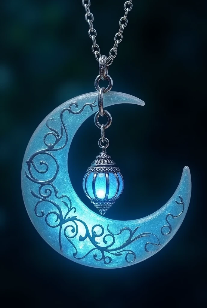 This is an enchanting crescent moon necklace, featuring a glowing, luminescent design. The crescent moon pendant is large and dominates the design, curving gracefully with a delicate filigree pattern that adds intricate detail to its surface. The crescent has a soft, radiant blue glow that emanates from within, creating a magical and otherworldly effect. Hanging from the inside of the crescent moon is a small, spherical crystal or orb, encased in an ornate, silver metal cage. The orb also emits a faint blue glow, harmonizing with the light of the crescent moon. The metal cage surrounding the orb is intricately designed, with delicate swirls and loops that add a touch of elegance and complexity. The pendant is attached to a fine, silver chain that complements the overall design. The chain is simple and unobtrusive, allowing the focus to remain on the glowing crescent moon and orb pendant. The overall aesthetic of the necklace is mystical and celestial, perfect for someone who appreciates unique, fantasy-inspired jewelry with a touch of magic.