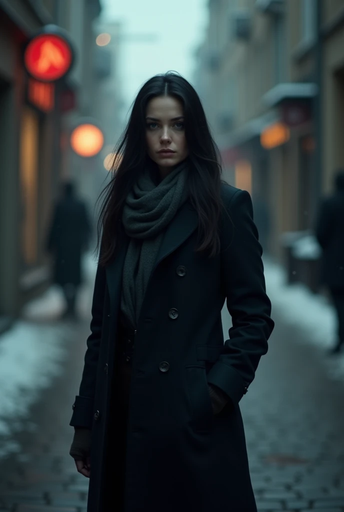 woman、30 years old、White、Long Hair、Black Hair、Straight Hair、Lonely、Cold look、Lonely、Muscular、Winter clothes、coat、Streets of Europe