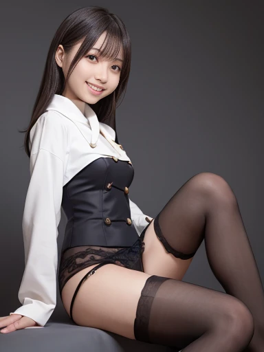 Japanese female, (underweight), (medium bust best quality:1.5), 30 years old, (cheerful grin:1.3),panties under pantyhose