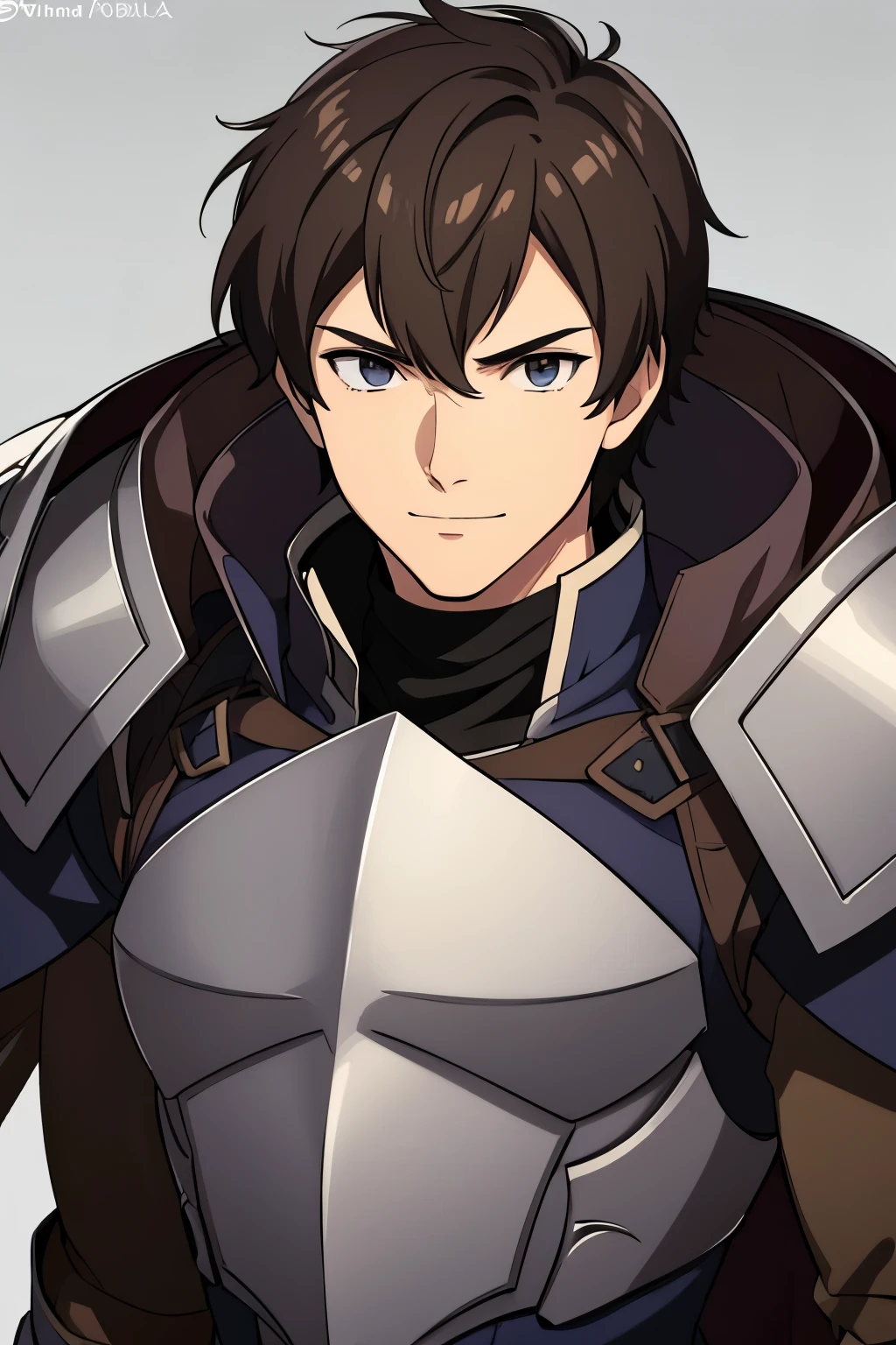 (high-quality, breathtaking),(expressive eyes, perfect face) 1male, boy, solo, portrait, Fire Emblem Awakening, Symmetrical Eyes, grey background, dark Brown hair color, short hair length, upper body, dark brown eyes, detailed eyes, masculine face, positive expression, charming smiling, Fredrick (Fire Emblem: Awakening), brown and grey armor, weapon, breastplate, polearm, gauntlets, shoulder armor, pauldrons, upper body, messy shaggy hair, Fire Emblem Portrait,
