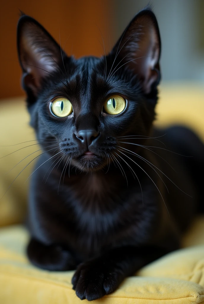 ((Real photos of animals taken by professional photographers.))Mify is a black cat with tabby stripes.The orbs of his eyes are a beautiful emerald green.The pupils are beautiful amber.The part from his ears to his eyes.The hair there is very sparse.This is his characteristic. Mify sits on the light yellow cushion in a very relaxed but still curious posture.His tail curls naturally to his forelegs.Eyes staring at a certain place curiously.