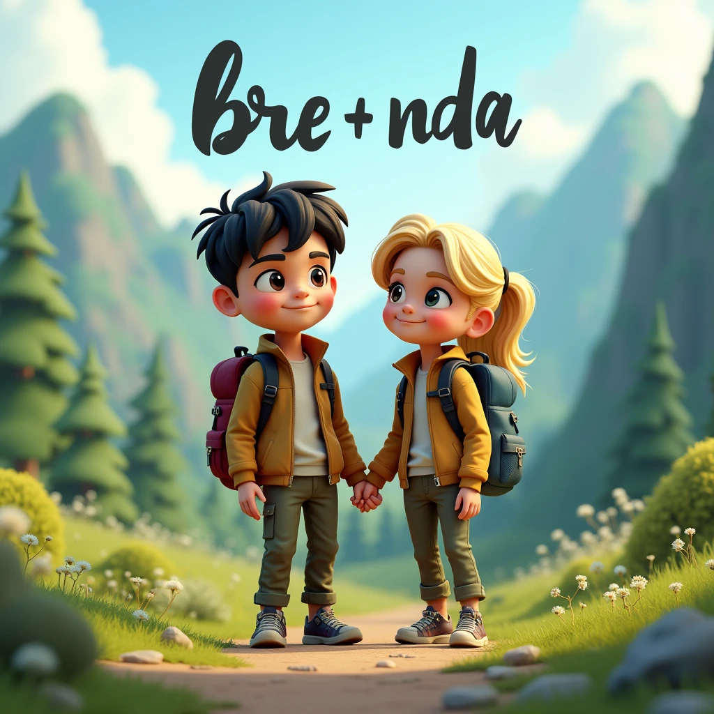 an artistic text written "BRE & NDA" above couple in outdoor, black hair male, blonde hair female, cargo pant, jacket and backpack, green mountainous theme, 3d cartoon, fantasy art, masterpiece, high definition, extreme detail, cinematic lighting, 4K