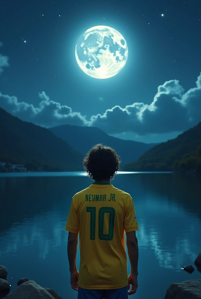 Better quality photography ((masterpiece))
A 20-year-old young man with his back turned is looking at a lake, the moon and the stars at night, The young man is facing away and on his back is the name Neymar JR with the number 10 below his yellow Brazil soccer jersey, based on the Qatar World Cup He has slightly long hair and is a bit curly black in color,
Epic reality