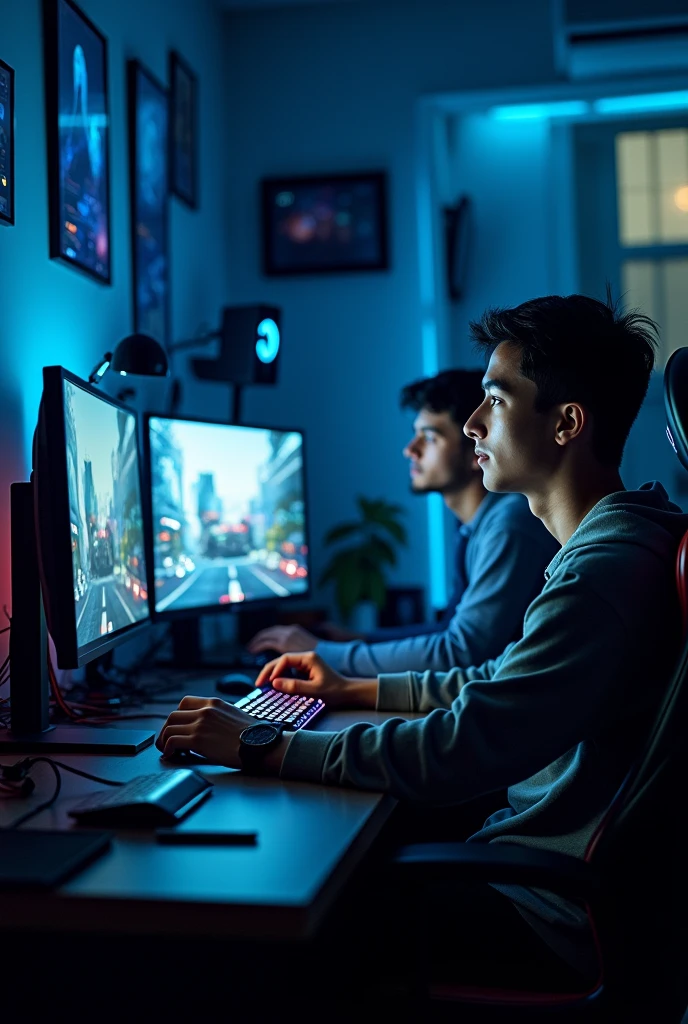 A 2 young man is in front of a screen in a dark, immersive gaming room. The environment is illuminated by soft blue LEDs that highlight the gaming desk full of equipment. The young man, in his gaming chair, is focused on the bright screen, with the glow reflecting on his face. The room is detailed with gaming posters, high-tech peripherals, and futuristic decor, creating an engaging atmosphere from a frontal perspective.