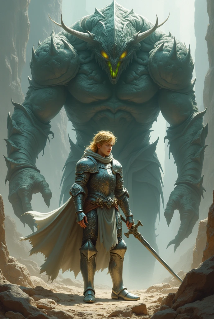 An 20-year-old human knight wearing silver armor, his hair is golden and reaches his shoulders, and his eyes are emerald green. The knight fights a monster.