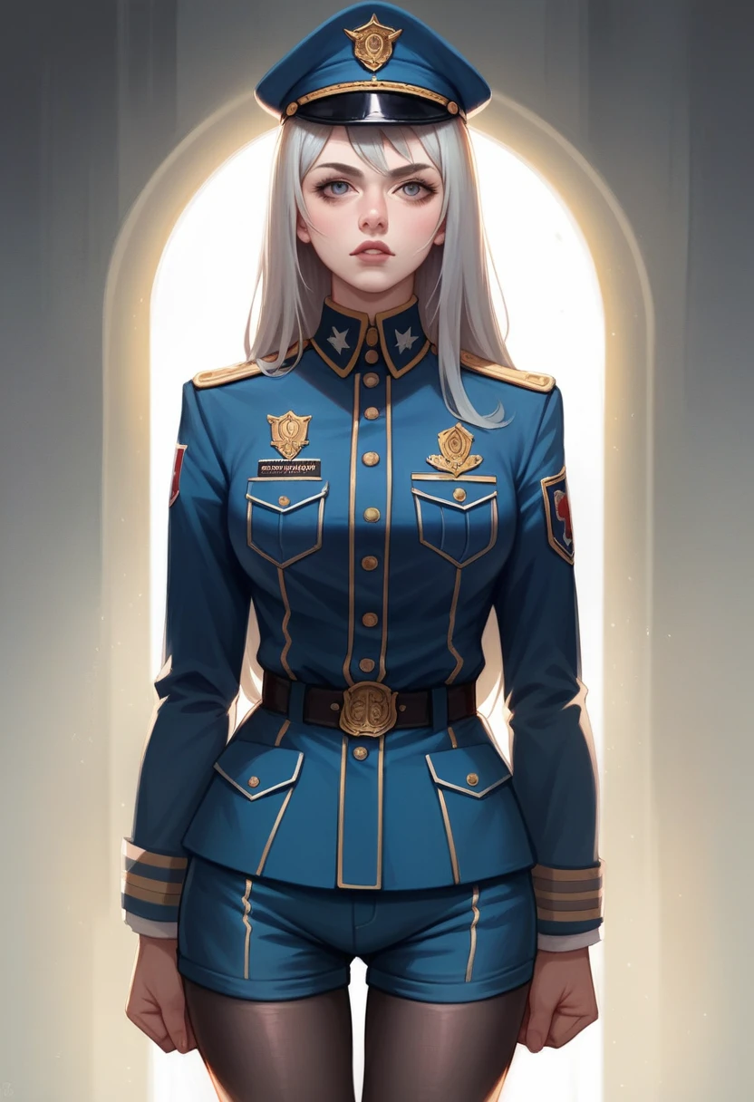 (Front Focus), (In the Dark: 1.6), Surrealistic Female Portraits by David Hockney and Alphonse Mucha, Fantasy Art, Photo Realism, Dynamic Lighting, ArtStation, Poster, Volumetric Lighting, Very Detailed Faces, 4 K, Pantyhose, Shorts, 1girl, In the Dark, Deep Shadow, Low Key, Cowboy Shot, (Official Uniform: 1.4), Long Hair, Gray Hair,