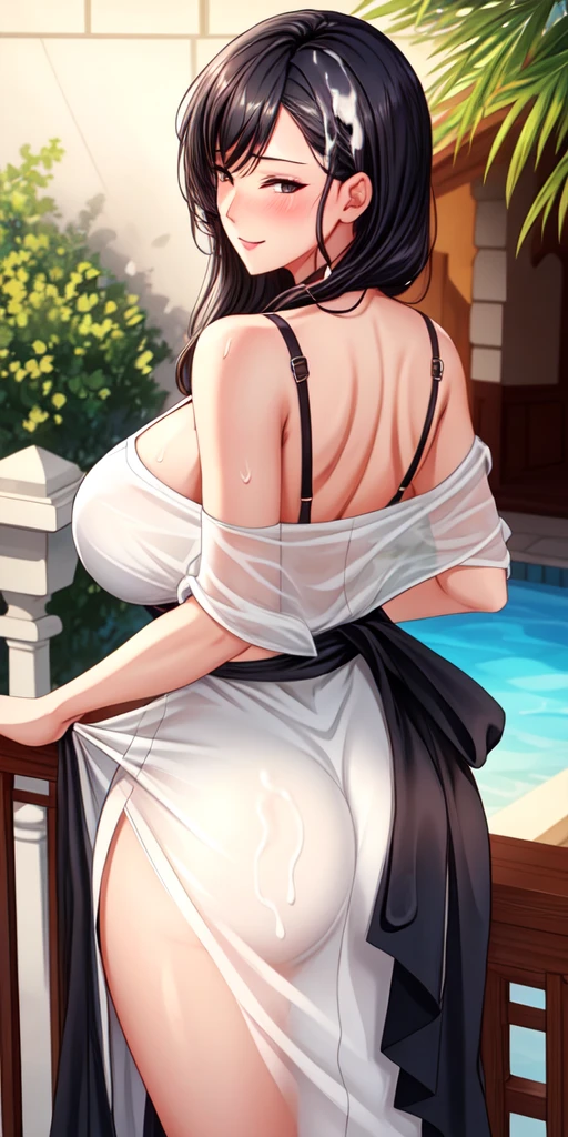 1milf, sex together ,sex from behind, doggy style sex, large_breasts, standing, solo, white dress , masterpiece, best quality, detailed face, detailed eyes, highres,score_9, score_8_up, score_7_up, score_6_up, 1girl, , mature female, black hair, long hair, black bra, black panties, seductive smile, balcony, railing, bent over, looking back, from behind, teasing, (covered in semen:1.4), porn, sweating, exhausted