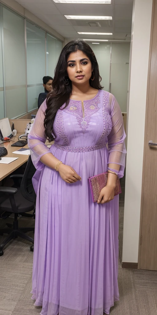 Day scene, A radiant, full-figured South Indian 3 aunty a light purple colour chiffon fully transparent kurta, bra visible through kurta, ,standing, in a office captured in a full-body image with vibrant hues and meticulous details. Full body image