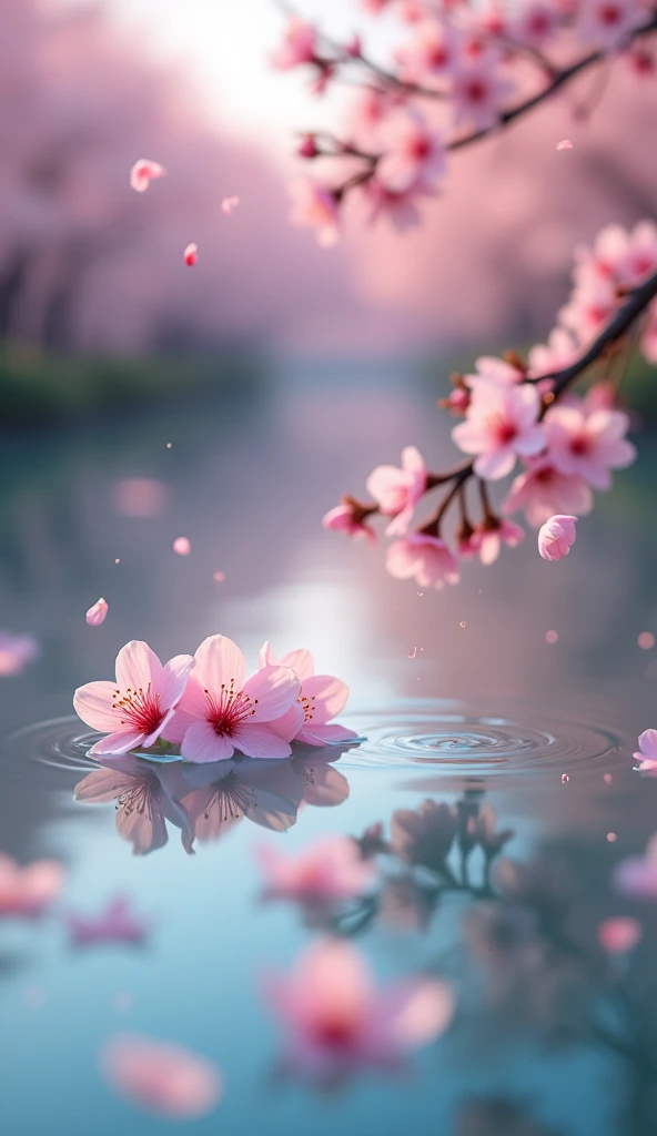 Close up on cherry flowers fall in water 8k