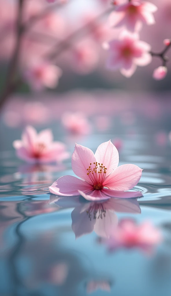 Close up on cherry flowers fall in water 8k