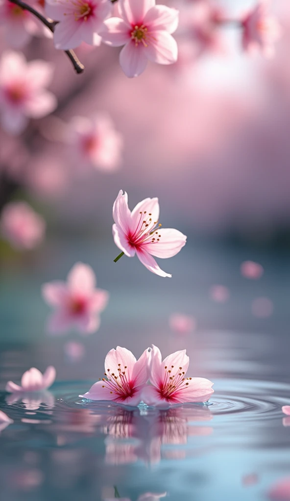 Close up on cherry flowers fall in water 8k