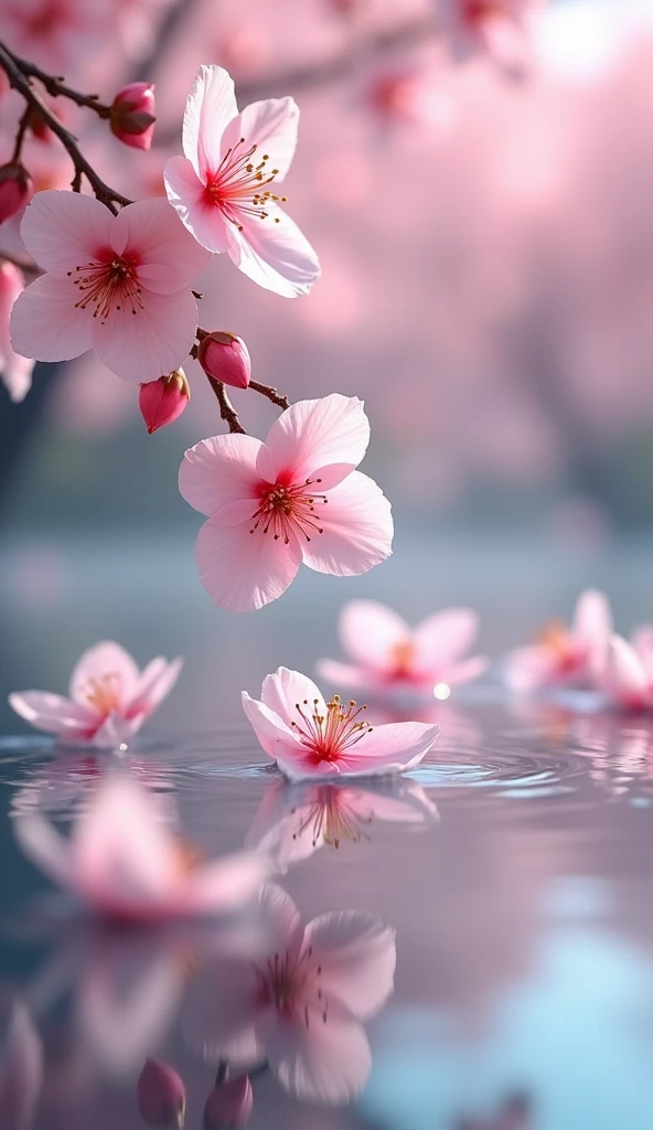 Close up on cherry flowers fall in water 8k
