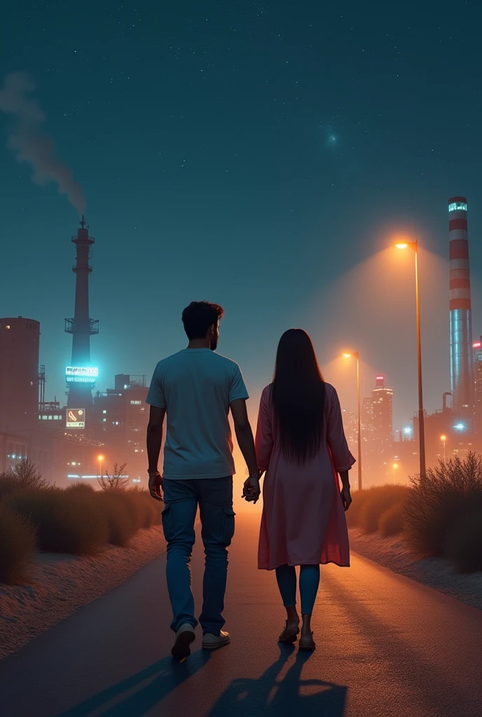 Desert factory city. Middle of the desert factory city beside desert bushes. Lone street with sodium street light. Couple walking holding each others hand. Night is starry. Weather is light cold and a bit foggy. Beautiful Girl age 32, weight 55kg, hight 5'2", straight hair, full sleeve kurta and jeans. handsome man age 34, weight 85kg, hight 5'7"straith silky hair, wearing t-shirt and cargo pant.