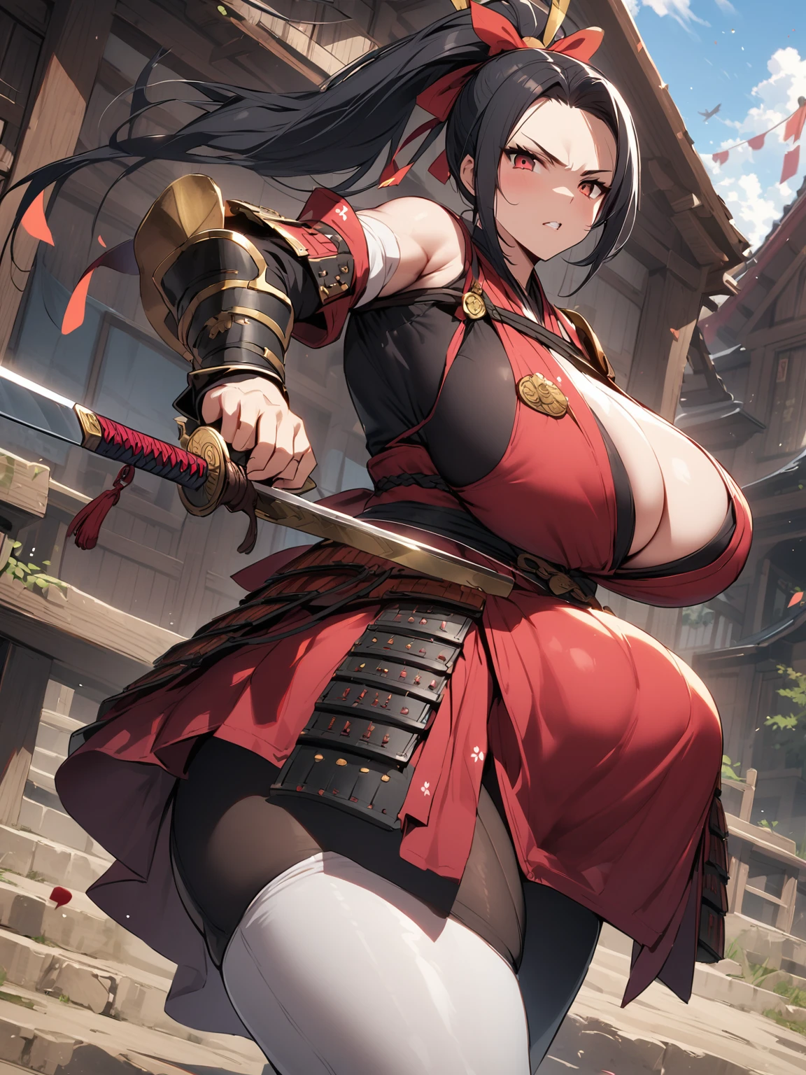 (One Japanese woman)、(Black Hair)、(Long Ponytail)、((Warrior Princess))、((Female generals))、(Goddess of War)、((Old Japanese Armor))、((Holding the Japan sword))、(True to prompts)、(Deluxe)、(Feminine hourglass curves)、(Muscular)、(Glaring with sharp eyes)、(sexy)、(((Gigantic Huge Breast))),(Big Butt)、(Thick thighs)、(Outdoor)、(what'Left behind)、((Many people々々))、(sunny)、(blue sky)、(Best lighting)、{{{Browsing Caution}}}、{{{masterpiece}}}, {{{Highest quality}}}, {{ultra-detailed}}, {{shape}}, {{{Very delicate and beautiful}}},{{extremely detailed CG}}、{{unity 8k portrait}}、{{Fabric Shading}}、{{super detailed skin}}、{{Perfect Anatomy}}、{{detailed}}、{{Dynamic Lighting}}、{{{beautiful detailed eyes}}}、{{{beautiful detailed Face}}}、{{{Realistic, RAW Photos}}}、(Perfect Face)、(非常にdetailedな顔)、(Perfect Eyes)、(Perfect Legs)、(Perfect breasts)、(Perfect pose)、(Perfect body)