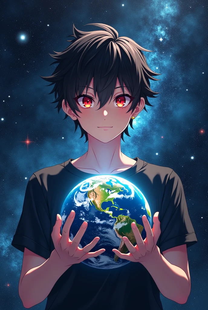 Anime boy, male gender, over , holding the earth surrounded by the galaxy in a black 2d t-shirt and with red eyes